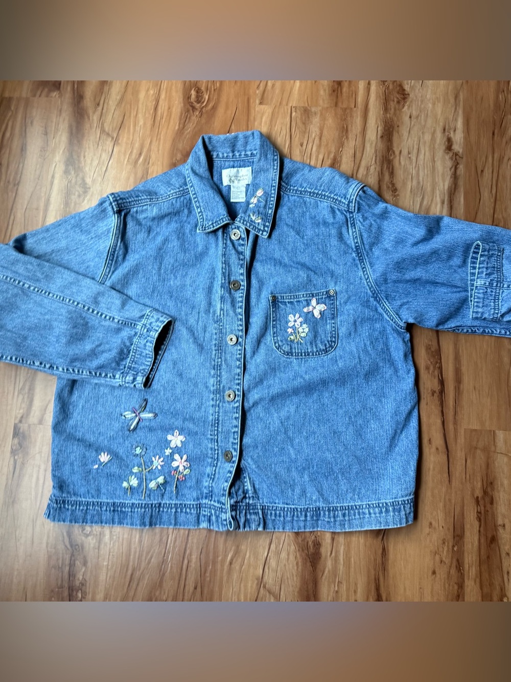 Christopher & Banks L Embroidered Denim Shacket Floral Dragonfly Cottagecore